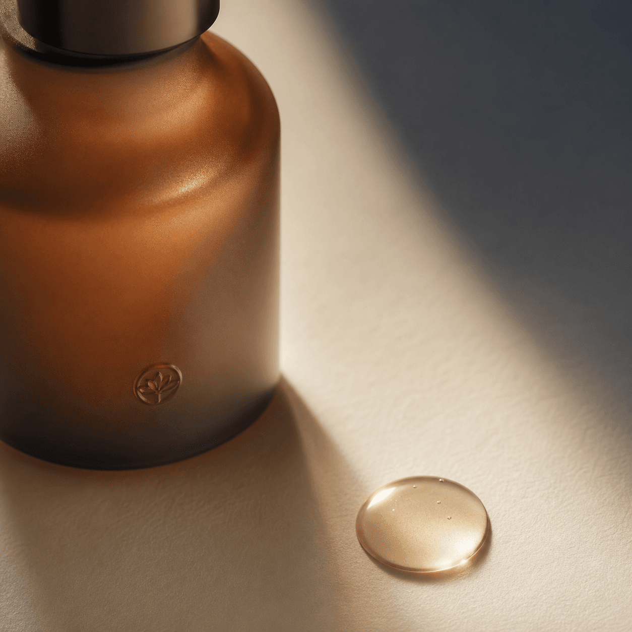 Close detail of an amber serum bottle with one glossy essence droplet