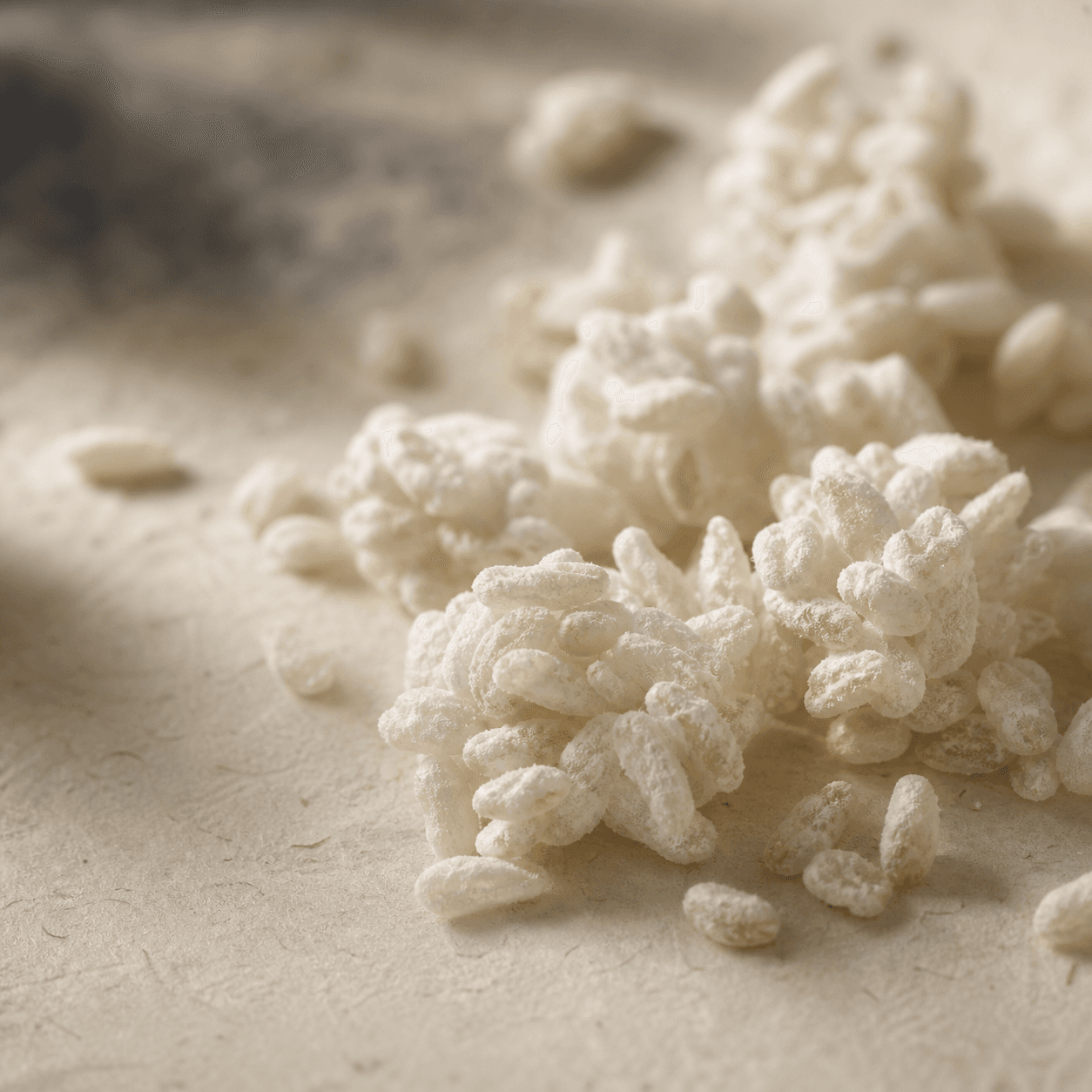 Macro photograph of koji rice grains on a warm cream surface