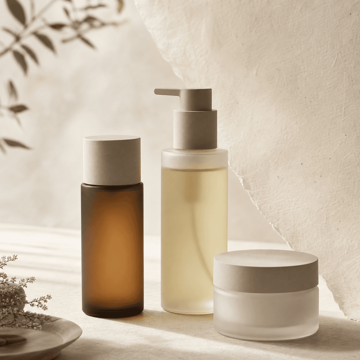 Three muted MOTO skincare bottles arranged asymmetrically on a cream backdrop